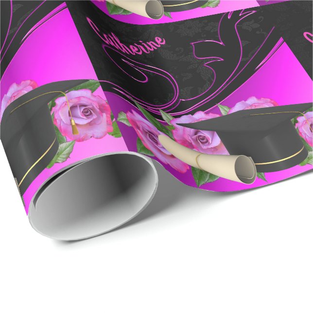 Papel De Regalo Graduación Cap Diploma Negro rosa Personal (Esquina del rollo)