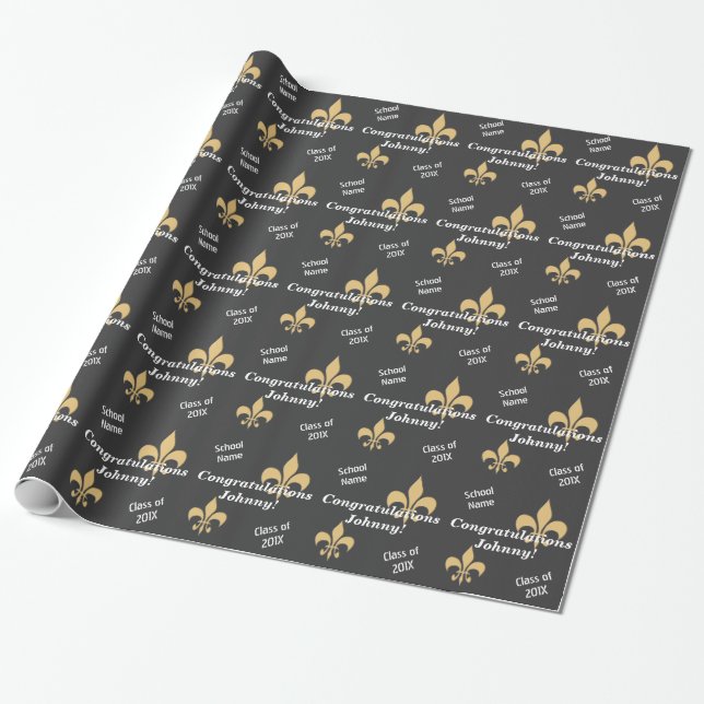 Papel De Regalo Graduación negra personalizada de la flor de lis (Desenrollado)