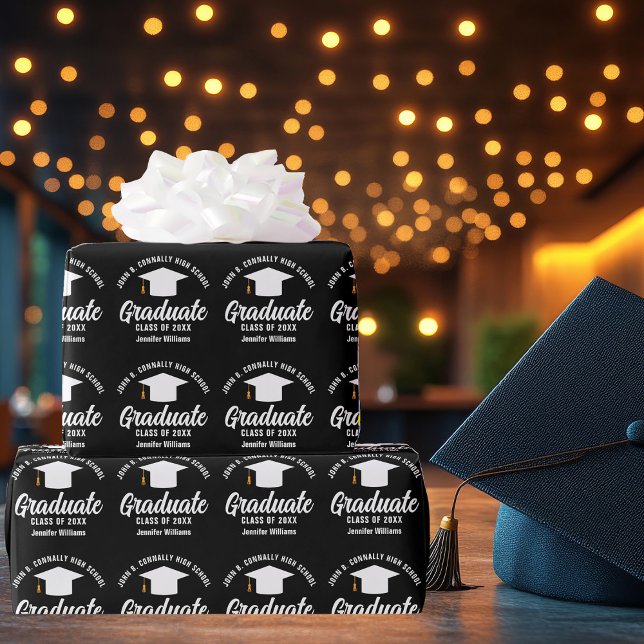 Papel De Regalo Graduación personalizada moderna en blanco negro (Subido por el creador)