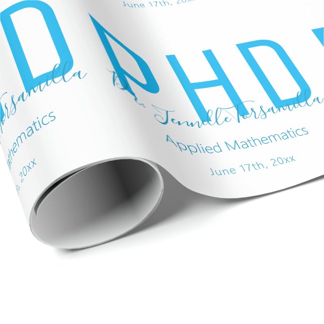 Papel De Regalo Graduado Keepsake White Blue Name grado PhD (Esquina del rollo)