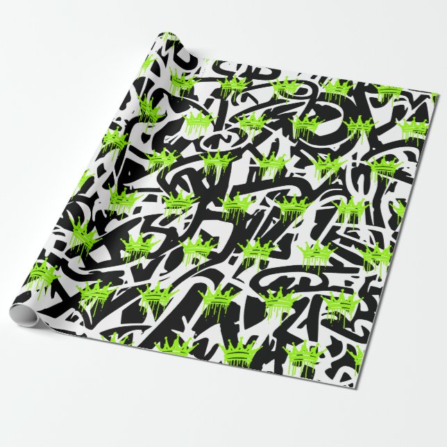 Papel De Regalo Graffiti de moda Crown Pattern Green Black (Desenrollado)