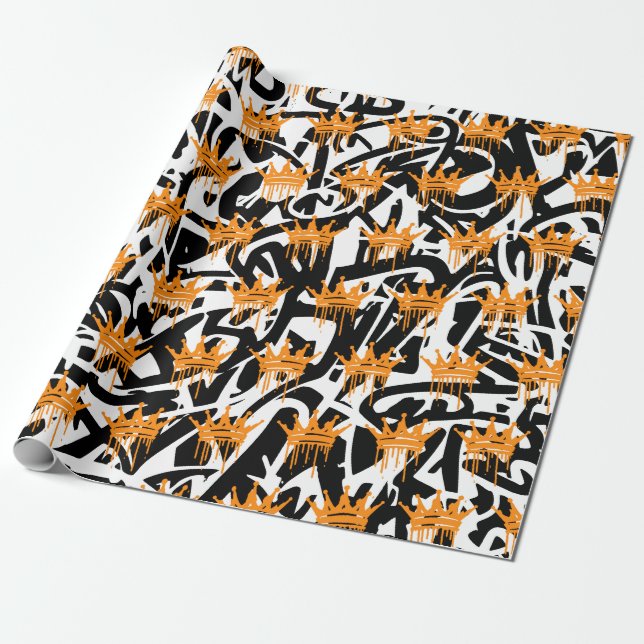 Papel De Regalo Graffiti de moda Crown Pattern Naranja Black (Desenrollado)