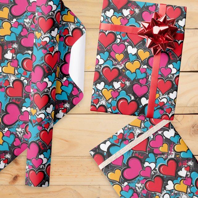 Papel De Regalo Graffiti Hearts Bright Street Art Valentine's Day (Gift wrapping paper with a romantic, colorful graffiti hearts design, in a modern street art style)