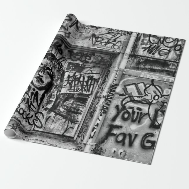 Papel De Regalo Graffiti Moderno Black And White Urban Street Art (Desenrollado)
