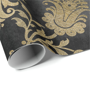Papel De Regalo Gráfica de Damasco Gris Gold Floral Black Cottage