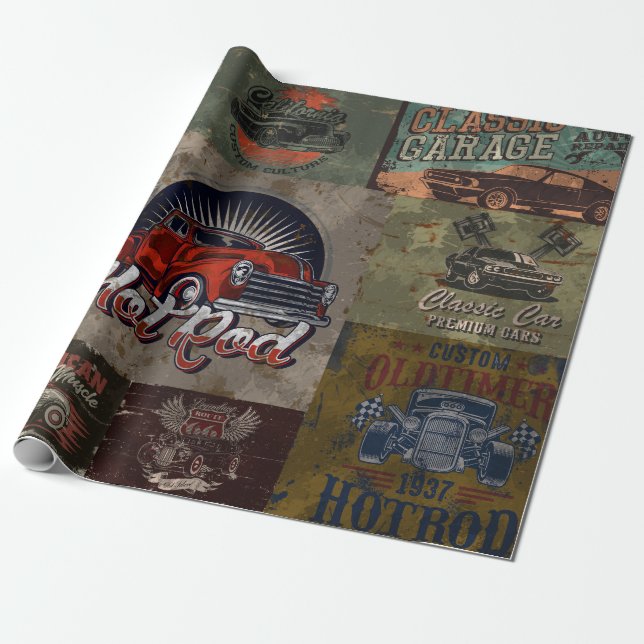 Papel De Regalo Gráfico de coche clásico de época (Desenrollado)