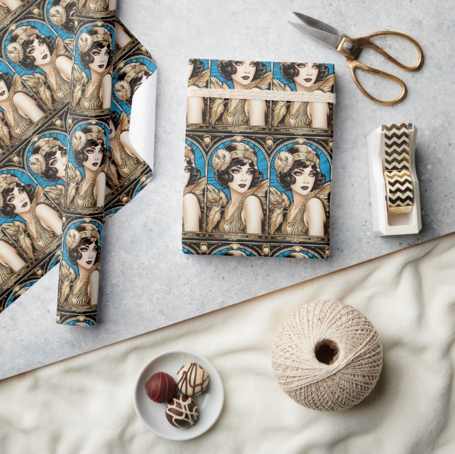 Papel De Regalo Gran Gatsby Flapper azul dorado negro años 20 (Artesanía)