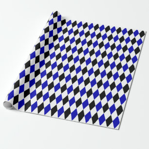 Papel De Regalo Gran Harlequin negro, azul real y blanco