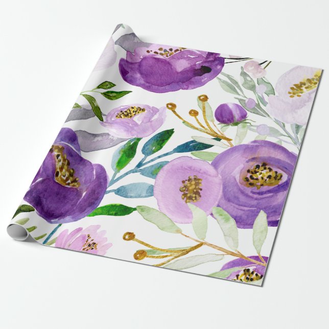 Papel De Regalo Gran patrón dorado y floral ultravioleta (Desenrollado)