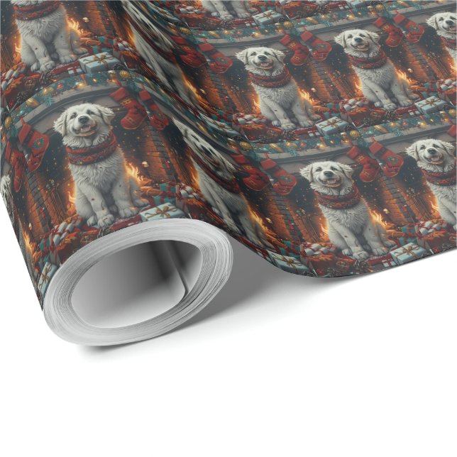 Papel De Regalo Gran Perro de los Pirineos Con Chimenea De Regalos (Esquina del rollo)