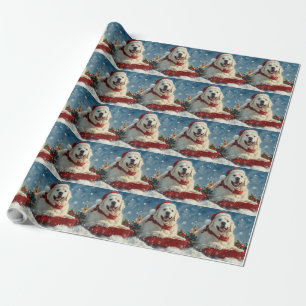Papel De Regalo Gran Perro Pirineo en Trineo Deja que Nieve Navida