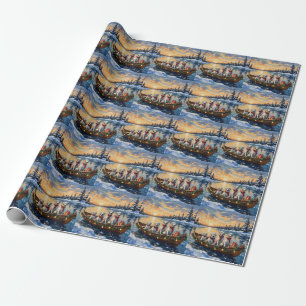 Papel De Regalo Gran Pirineo Barco Navideño Vacaciones