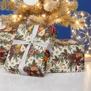 Papel De Regalo Granada Pera Higo Fruta Botánica de Navidad