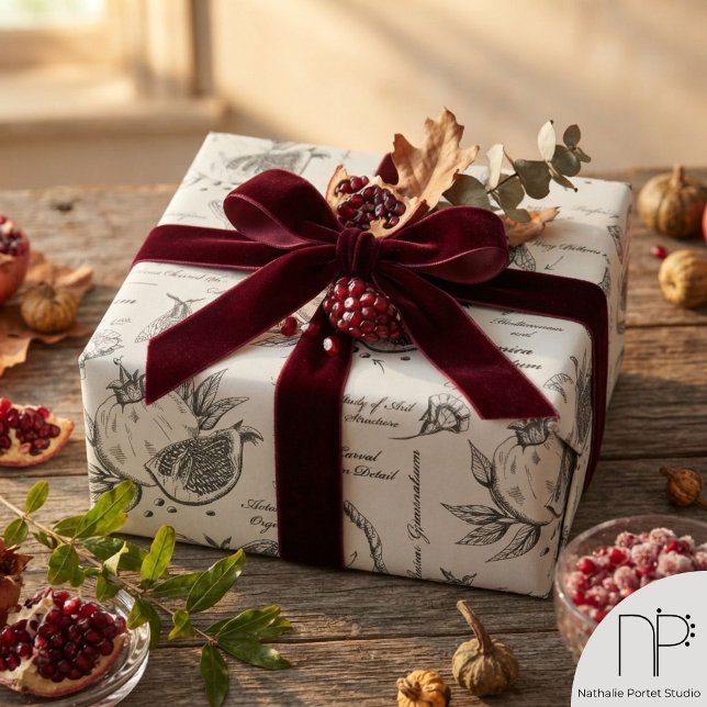Papel De Regalo Granada y Polilla Mediterránea (Elegant hand-drawn vintage pomegranate and European moth study in gray ink for nature lover)
