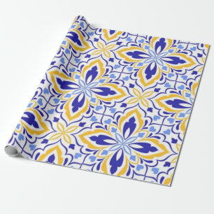 Papel De Regalo Grand Mosaic Blue and Gold Floral Mediterranean