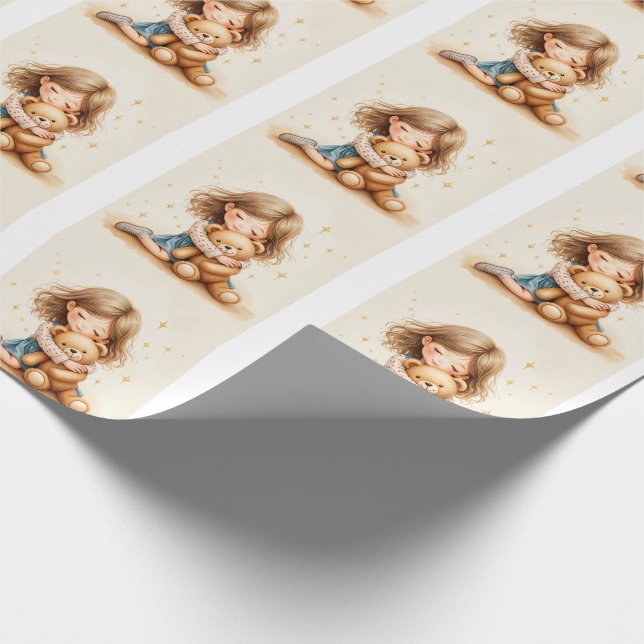 Papel De Regalo Grandes abrazos - Chica lindo abrazando oso de pel (Esquina)