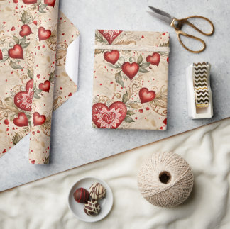 Papel De Regalo Grandes Corazones y Arte Folclórico Pequeño