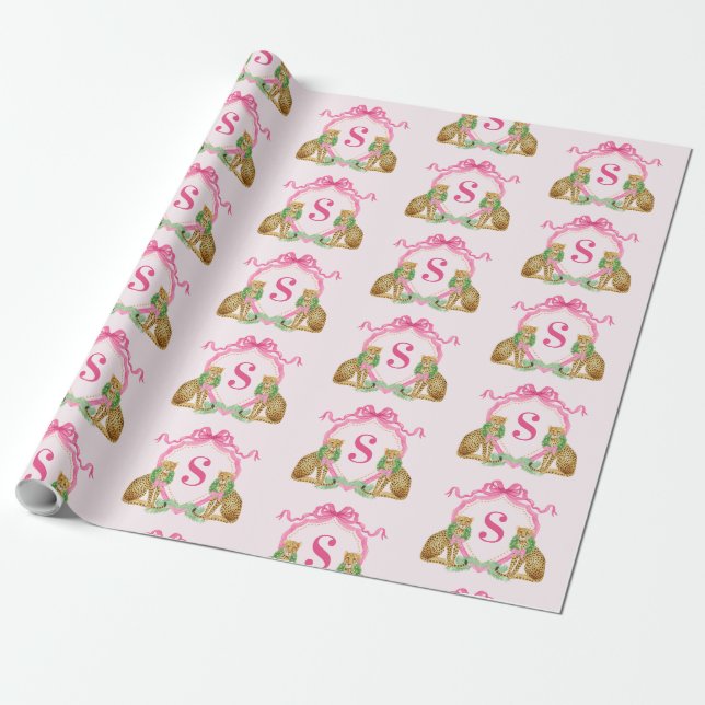 Papel De Regalo Grandmillennial Christmas Leopard Monogram (Desenrollado)