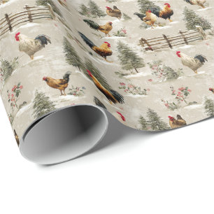 Papel De Regalo Granja de pollos y gallos de Navidad Invierno 