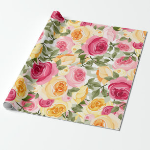 Papel De Regalo Granja de Rosas Rosadas y Amarillas Estilo Shabby 