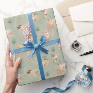 Papel De Regalo Grasa y flores de pampas en verde sabio