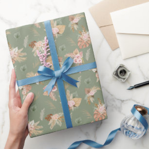 Papel De Regalo Grasas y flores de pampas en verde oliva