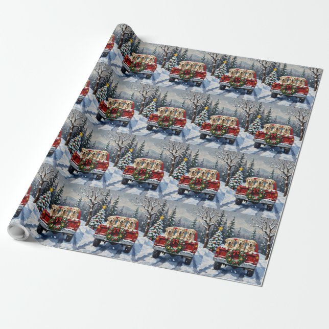 Papel De Regalo Great Pyrenees Christmas Red Truck Holiday (Desenrollado)