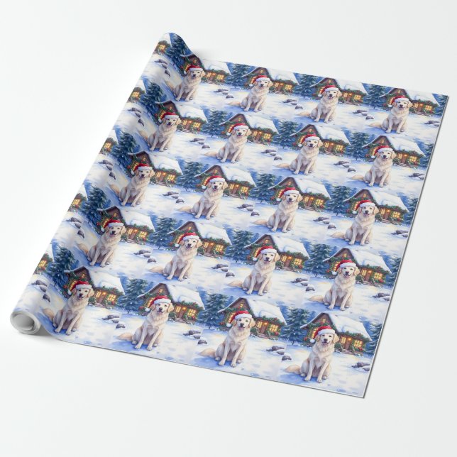 Papel De Regalo Great Pyrenees Snowy Mountain Lodge Santa Hat (Desenrollado)