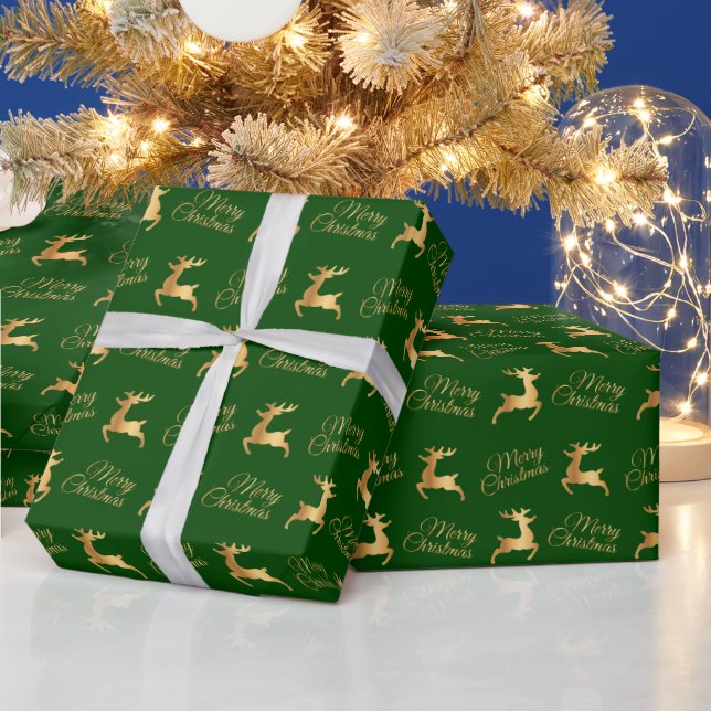 Papel De Regalo Green and Gold Christmas Reindeers (Vacaciones)
