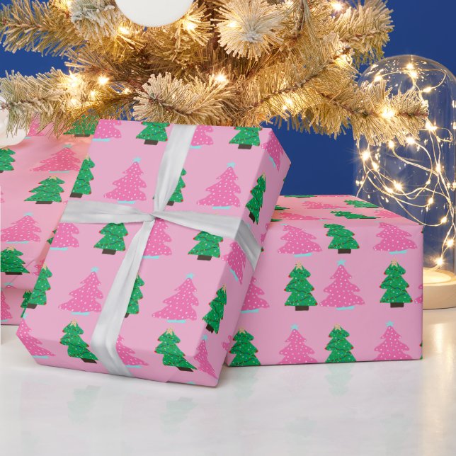 Papel De Regalo Green and Pink Christmas Trees  (Vacaciones)
