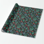 Papel De Regalo Green cactus wrapping paper on dark background<br><div class="desc">Hand painted cactus in green and blue gouache with red flowers arranged on dark background</div>