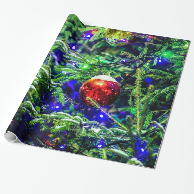 Papel De Regalo Green Christmas Tree Red Ball (Desenrollado)
