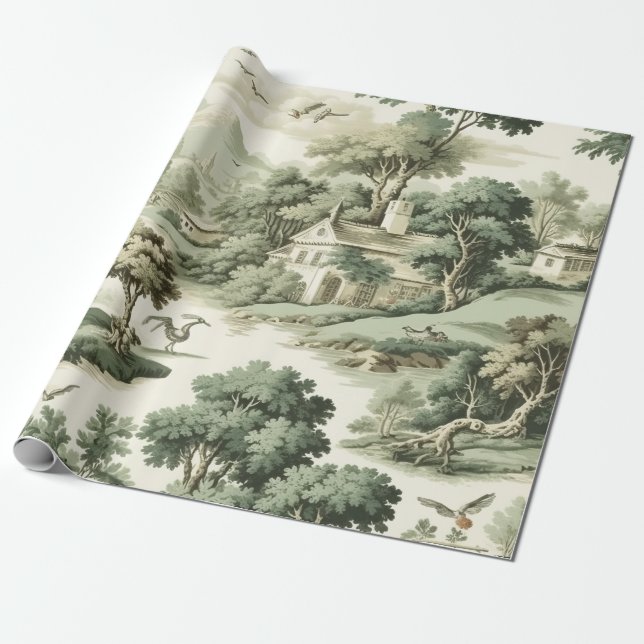 Papel De Regalo Green Countryside Hot Air Balloon Toile (8) (Desenrollado)