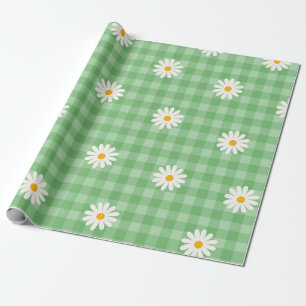 Papel De Regalo Green Daisy Plaid Gingham Check Flower Pattern