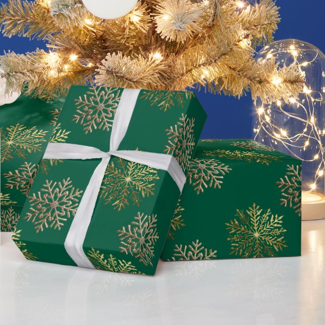 Papel De Regalo Green Elegant Gold Snowflakes Pattern New Year (Vacaciones)