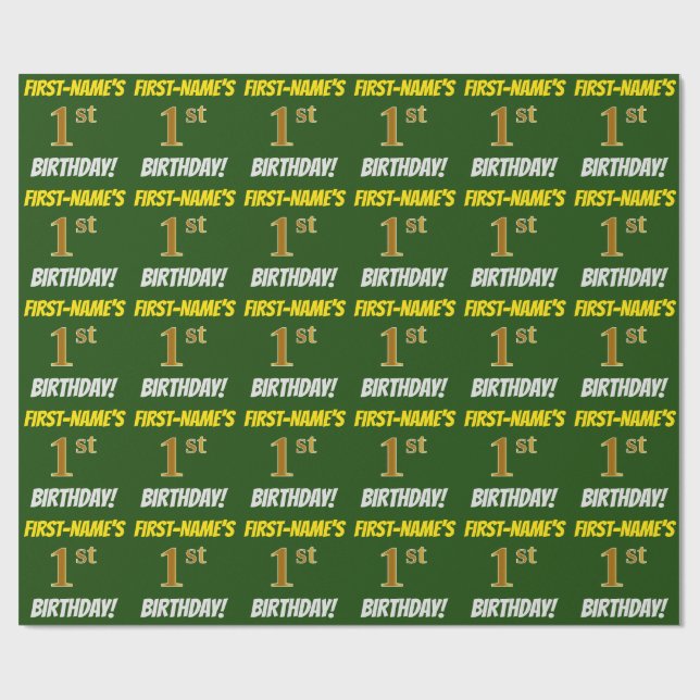 Papel De Regalo Green, Faux/Imitation Gold, "1ᵉʳ BIRTHDAY" (Superficie plana)