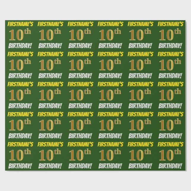 Papel De Regalo Green, Faux/Imitation Gold, "10th BIRTHDAY" (Superficie plana)