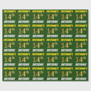 Papel De Regalo Green, Faux/Imitation Gold, "14th BIRTHDAY"
