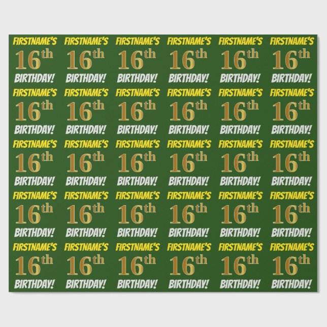 Papel De Regalo Green, Faux/Imitation Gold, "16th BIRTHDAY" (Superficie plana)