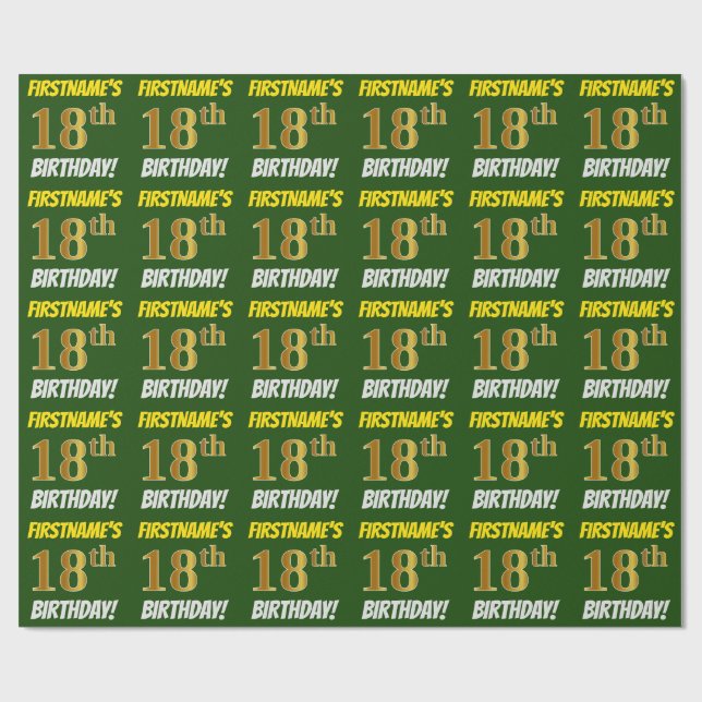 Papel De Regalo Green, Faux/Imitation Gold, "18th BIRTHDAY" (Superficie plana)