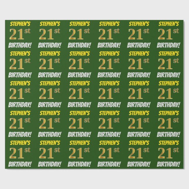 Papel De Regalo Green, Faux/Imitation Gold, "21st BIRTHDAY" (Superficie plana)