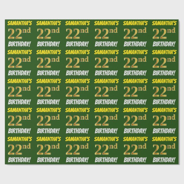 Papel De Regalo Green, Faux/Imitation Gold, "22nd BIRTHDAY" (Superficie plana)