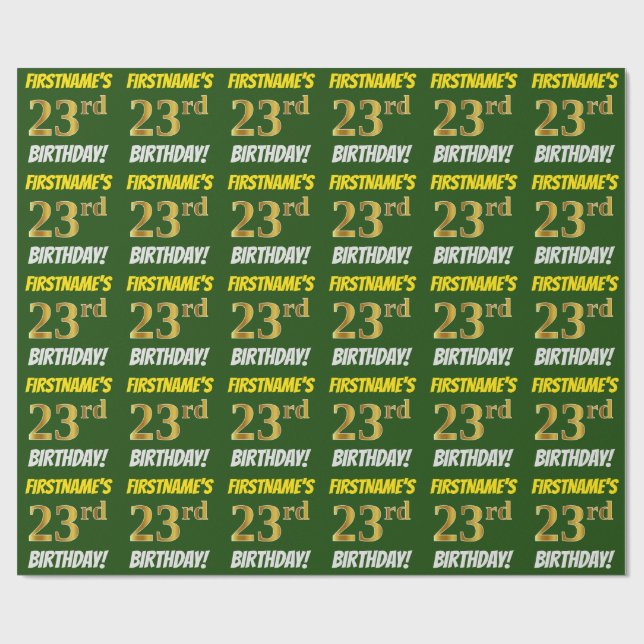Papel De Regalo Green, Faux/Imitation Gold, "23rd BIRTHDAY" (Superficie plana)