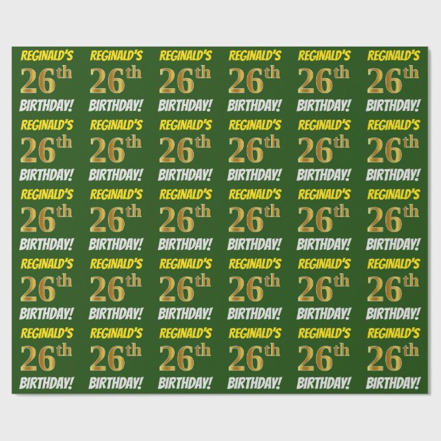 Papel De Regalo Green, Faux/Imitation Gold, "26th BIRTHDAY" (Superficie plana)