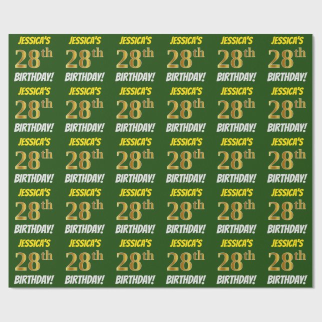 Papel De Regalo Green, Faux/Imitation Gold, "28th BIRTHDAY" (Superficie plana)