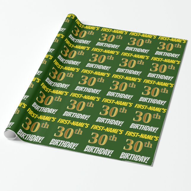 Papel De Regalo Green, Faux/Imitation Gold, "30th BIRTHDAY" (Desenrollado)
