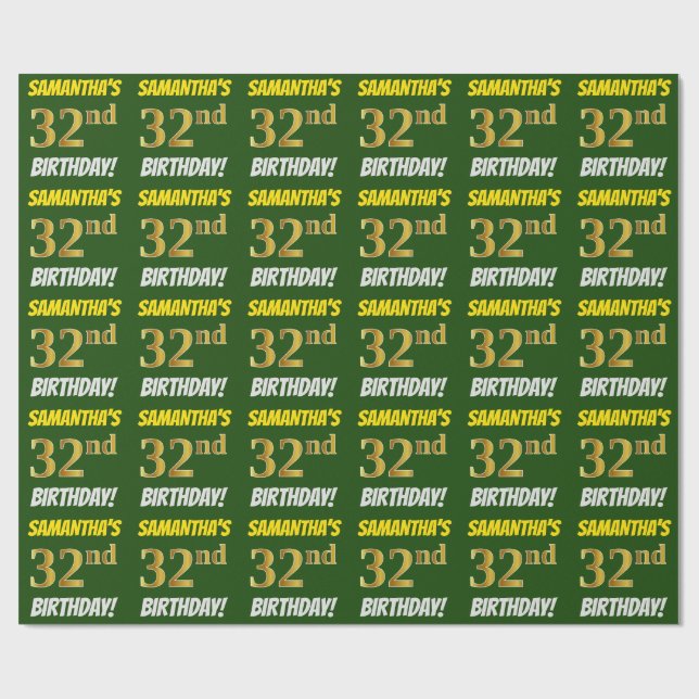 Papel De Regalo Green, Faux/Imitation Gold, "32nd BIRTHDAY" (Superficie plana)