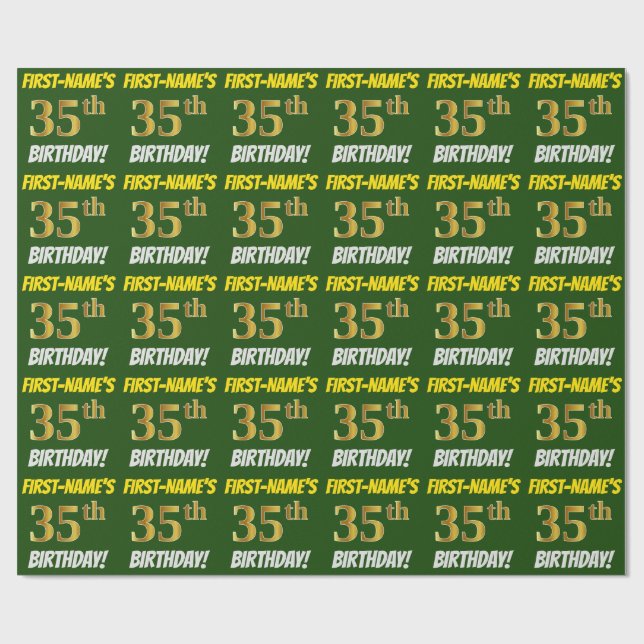 Papel De Regalo Green, Faux/Imitation Gold, "35th BIRTHDAY" (Superficie plana)