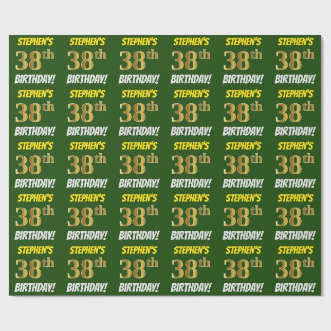 Papel De Regalo Green, Faux/Imitation Gold, "38th BIRTHDAY" (Superficie plana)