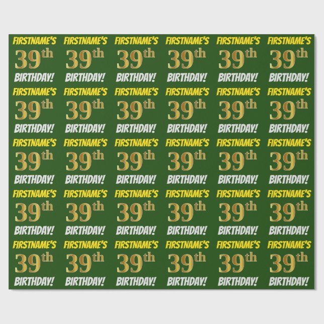 Papel De Regalo Green, Faux/Imitation Gold, "39th BIRTHDAY" (Superficie plana)